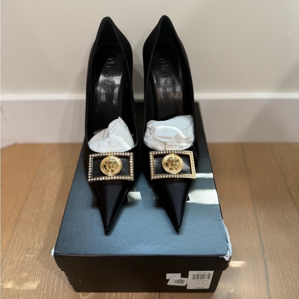 Versace Black Heels with Gold Medallion